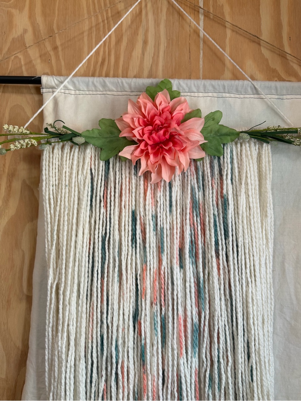 Cream Macramé Wall Hanging with Coral Flower Accent